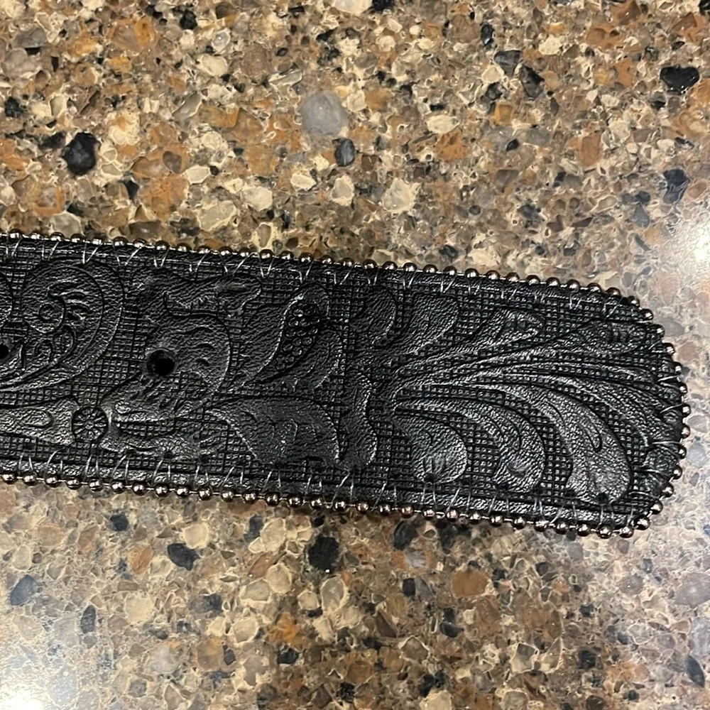 Cross Rhinestone Buckle Black Tooled Scroll Belt Size Large